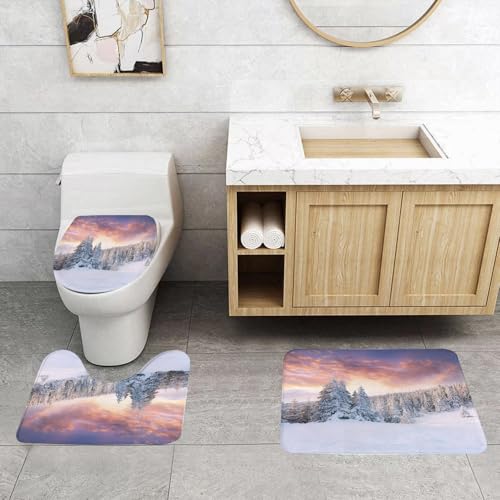 EMCLKS Badezimmermatten 3 Stück rutschfeste Badematte Teppiche, Badezimmer-Garnitur,U-fö rmiger Teppich,Winter, Sonnenaufgang in der verschneiten Winterlandschaft,Waschbar Matte