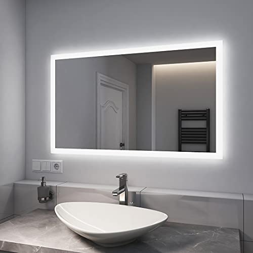 EMKE LED Badspiegel mit Beleuchtung 100x60cm Warmweißes Licht und Kaltesweißes Licht Badezimmerspiegel Mit beschlagfrei+Taste IP44 energiesparend