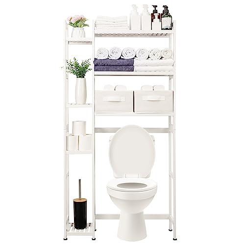 Yorbay Toilettenregal mit 2 Körben, Bambus WC Regal, 3-stöckiges Verstellbar Badregal mit Wasserdichtes Fußpolster, Multifunktional Badezimmerregal, Platzsparend, Einfache Montage (Weiß)