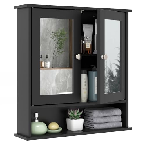 GIANTEX Hängeschrank mit Spiegel, Spiegelschrank Wandschrank mit 2 Türen, Badschrank Badezimmerschrank mit verstellbarem Einlegeboden, 3 Etagen, 56 x 13 x 58cm (Schwarz)