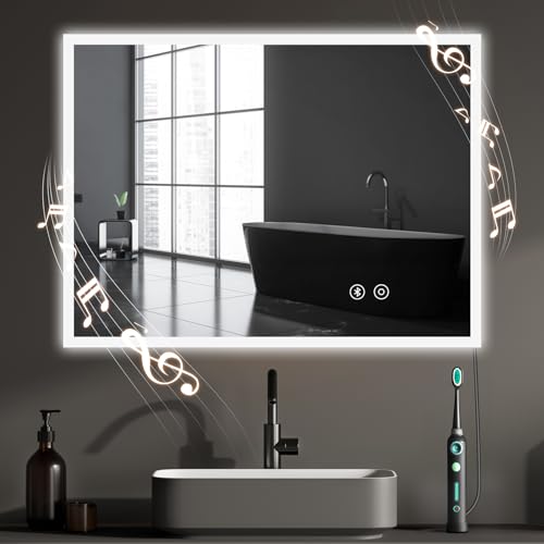 YOLEO Badspiegel mit Beleuchtung, LED Spiegel mit Bluetooth-Lautsprecher, Wandspiegel mit Steckdose, Badzimmerspiegel LED Beschlagfrei mit Touchschalter, 3 einstellbare Lichtfarbe, 80x60cm