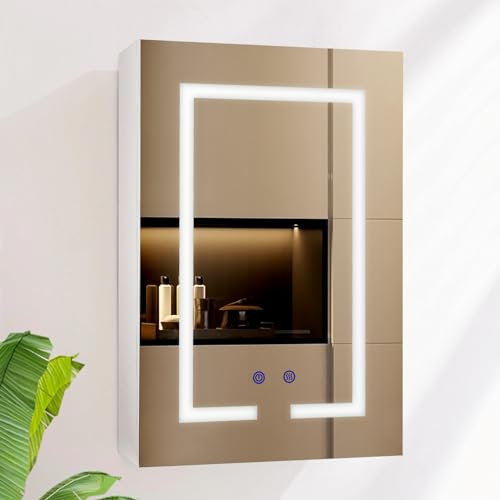 AxisFurn Badezimmer-Spiegelschrank mit LED-Beleuchtung, 3 verstellbares Licht, Spiegelschrank mit Glasablage und Steckdose, Anti-Beschlag Wandschrank 40 * 60cm