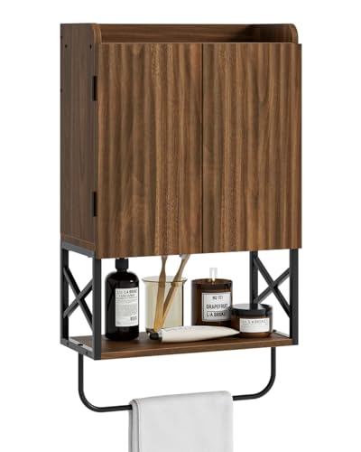 Apetaccat Badezimmerschrank Welle, kleine Hängeschränke mit justierbarem Regal und magnetischen Verriegelungstüren, an der Wand befestigtes hängendes Kabinett für Badezimmer/Wäscherei, Walnussbraun