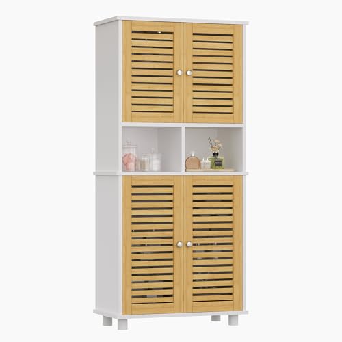 FORABAMB Badezimmerschrank, 4 Bambustüren & 3 offenen Fächern, Verstellbare Ablagen, Bad,,, Platzsparender, 60x30x128 cm, Weiß