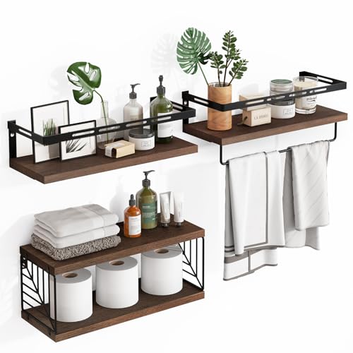Fixwal Wandregal für Badezimmer, 3 + 1 Ebenen, über Toilette, rustikales Holz, schwebende Regale mit Metallrahmen und Handtuchstange für Badezimmer, Küche, Schlafzimmer, Wohnzimmer (dunkelbraun)