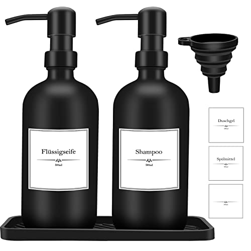 Glas Seifenspender Set,Gcstnn 500ml*2 Spülmittelspender Badezimmer Set mit Silikontablett und Trichter,Nachfüllbare Pumpspender,Shampoo Lotion Handseifenspender für Küche Bad Arbeitsplatte(Schwarz)