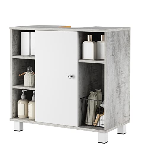 FirFurd Waschbeckenunterschrank grau 60cm breit Badezimmerschrank mit weißer Tür und 5 Fächern, 60x30x60cm