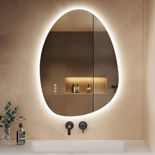 S'AFIELINA Spiegel mit Beleuchtung Asymmetrischer LED Badspiegel 75 x 55 cm mit Touch-Schalter, Dimmbar 3 Lichtfarbe Einstellbare, Beschlagfrei Badezimmerspiegel mit Beleuchtung