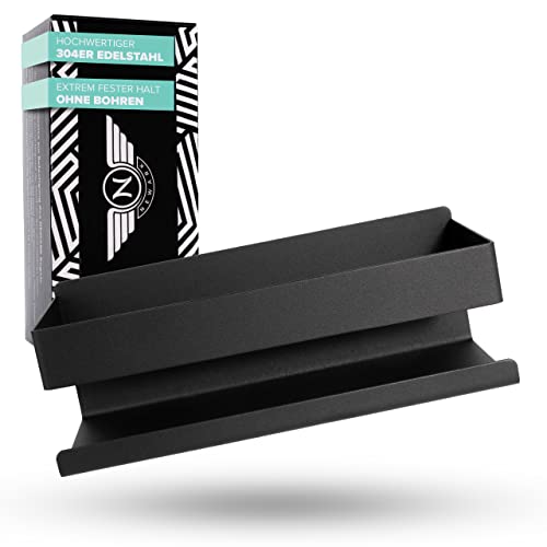 Newark Premium Badablage Schwarz Matt - Badregal ohne Bohren - Küche oder Badezimmer Ablage Edelstahl - Premium Bathroom Shelf - Zahnputzbecherhalter zum Kleben Garantierter Halt