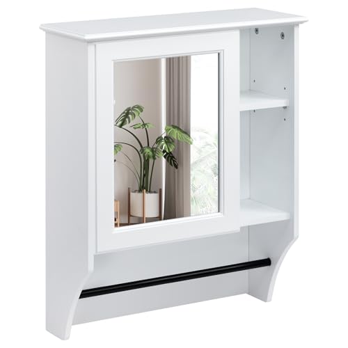 HollyHOME Badezimmer-Spiegelschrank , Einzeltür mit verstellbarem Regal, wandmontierter Medizinschrank, Holzschrank mit Handtuchhalter, Weiß (50 x 19,5 x 61,5 cm)