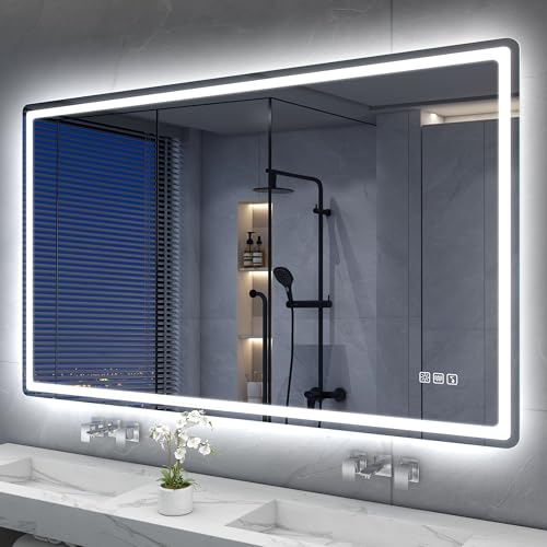 S'bagno Bluetooth-Badspiegel-mit- Beleuchtung-120x70cm, LED-Badezimmerspiegel mit Entfoggen, 3000K-6500K, Dimmbar, Speicher, HD-gehärtetes Glas, IP44-Badezimmer-Spiegel-m it-LED, Horizontal/Vertikal