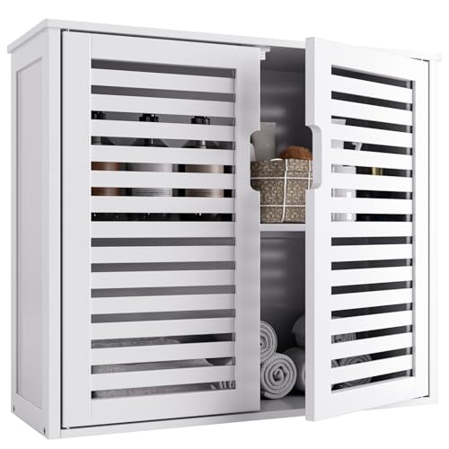 HITNET Bambus Hängeschrank Weiß, Badezimmer Wandschrank Hängend, Medizinschrank über der Toilette mit verstellbaren Regalen, Badschrank Wandmontage