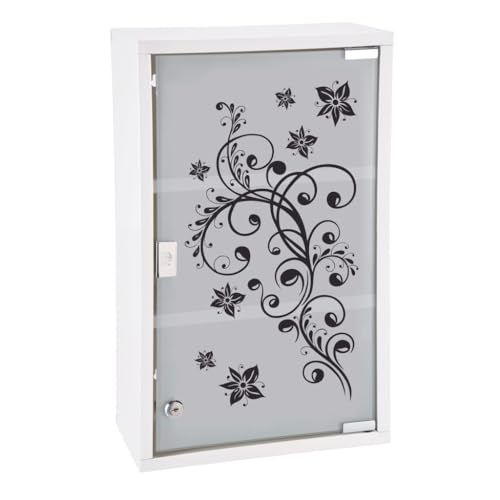 HI Medizinschrank Metall mit Glastür und Schloss (bedruckt) in Weiß - Arzneimittel Schrank zur Medikamenten Aufbewahrung, abschließbares Schränkchen, Hängeschrank mit Glastür