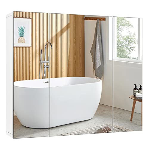 FOREHILL Spiegelschrank mit 3 Türen Badezimmerschrank Hängeschrank Badezimmerspiegel für Badezimmer aus Holz, weiß 70x15x60cm