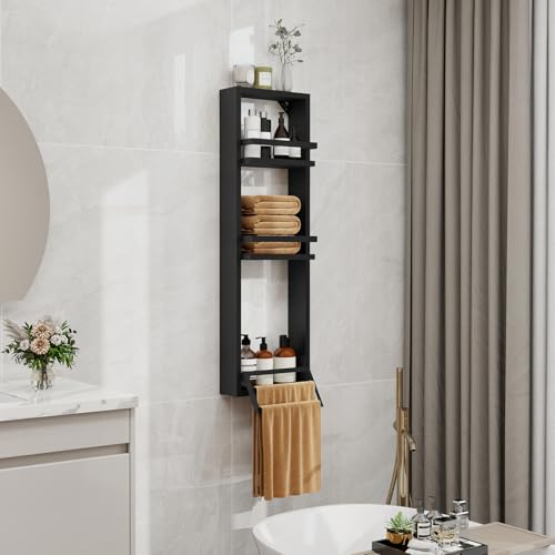 ZealWe Wandregal 3 Ebenen Badregale, Badezimmerregal mit Handtuchhalter, Badezimmer Regal Wand 30x100x10cm, Toilettenregal Hängeregal aus Holz und Metall, Wandablage Platzsparend, Schwarz