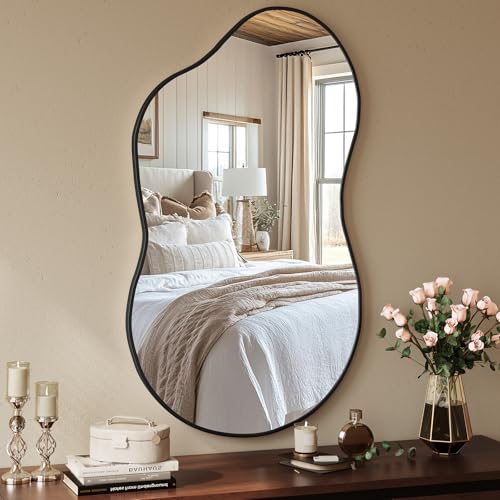 MAMIZO Asymmetrischer Spiegel, 66x116cm, unregelmäßig geformter Wandspiegel, Gehärtetes Glas, Aluminiumrahmen, Dekorative Spiegel, Einzigartige Schminkspiegel, Badezimmerspiegel, Schwarz