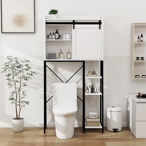 Gecheer Über der Toilette Aufbewahrungsschrank, mit verschiebbarem Schiebetürdesign, verstellbare Böden, Seitenablage, MDF Material, Moderne Badregale für kleine Badezimmer