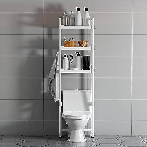 QHENS Toilettenregal Badezimmer für über WC, Toilettenregal mit 3 Ablagen und 4 Haken, toilettenregal Weiß Ohne Bohren, badregal über wc Aus PP, Einfache Montage, 172 * 49 * 25 cm