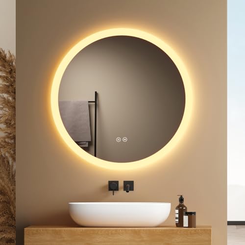 EMKE Badspiegel mit Beleuchtung Rund 60cm, Badezimmerspiegel mit dimmbarer Beleuchtung, 3 Lichtfarben, Antibeschlag, Touch-Schalter und Speicherfunktion, ideal für das Badezimmer