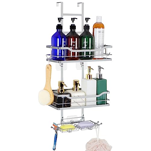 Duschablage zum Hängen mit Seifenschale Duschregal Ohne Bohren Badregal mit 2 Körben Badezimmer Regal Duschkorb zum Hängen über die Duschtür für Badezimmer, Silber