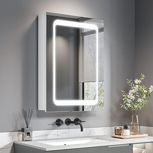 Dripex Spiegelschrank Bad mit Beleuchtung, Glasablage und Steckdose, Badezimmerschrank mit Spiegel, Sensor-Schalter, Beschlagfrei 50 x 70 cm Weiß