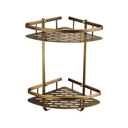 WLVG Antike Wandhalterung Bad Regal Rack Hanging Double Tier Toilette Bronze Eckrahmen Korb Raum Aluminium Organizer Halter mit 2 Haken für Duschwanne