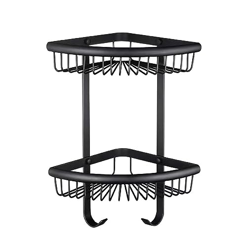 Dreieckiges Eck-Badregal – dreistöckiger Doppel-Mesh-Korb, Wandaufbewahrungsnizer, schwarzes gewelltes Design mit Haken für effiziente, platzsparende Aufbewahrung