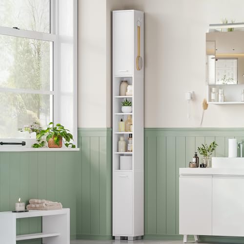 Hzuaneri Badezimmerschrank, Badschrank Schmal Hoch, Hochschrank Badezimmer mit 2 Aufbewahrungskörbe, Verstellbare Regale, Offenen Fach und Tür, 20 × 20 × 200 cm, Weiß, BC28503X