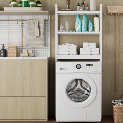 FOREHILL Toilettenregal Weiß Waschmaschinenregal Badezimmerregal Badregal mit 3 Ablagen WC Regal mit 6 Haken platzsparend Weiß 63×26×163cm