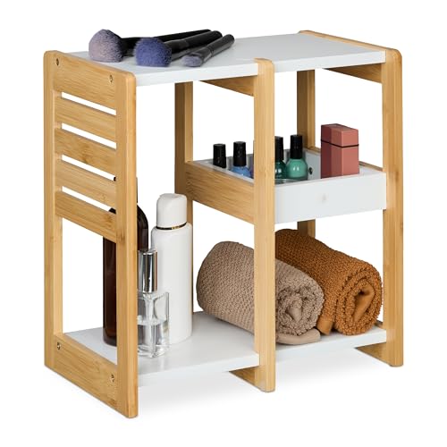 Relaxdays Badregal, 3 Ablagen, HxBxT: 35x34x20 cm, Tischregal für Badezimmer & Küche, Bambus, MDF, natur/weiß