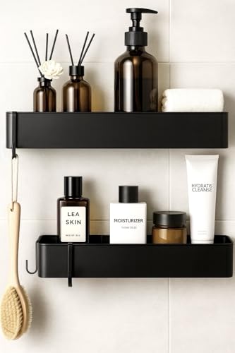 Generisch AVENDO Badregal ohne Bohren – 2er Set aus rostfreiem Metall – Duschablage in edlem matt-schwarz inkl. 4 Haken – Stabiles Duschregal selbstklebend (bis 6 kg) für Bad & Küche