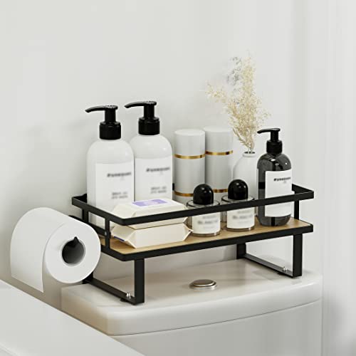 KES Duschablage Schwarz über der Toilette Spülkasten Duschregal ohne Bohren Stehend Duschkorb Bambus mit Toilettenpapierhalter, BSC502A-BK