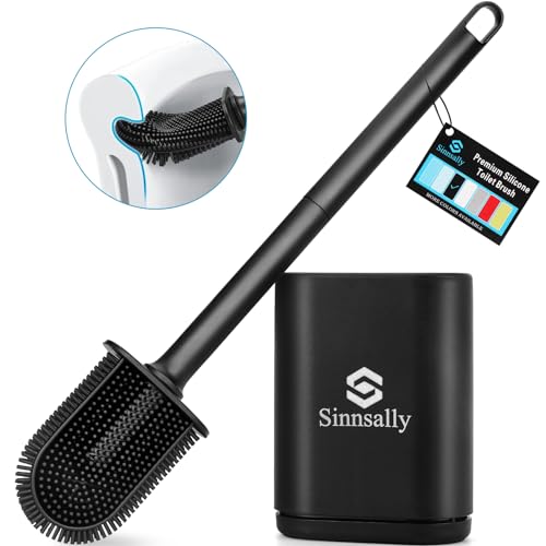Sinnsally Klobürste Silikon,Flexibel Flache Toilettenbürste,WC-Bürs te mit Halter Set,Klobürste für Badezimmer mit Schnell Trocknendem Behälter,Wandmontage ohne Bohren,WC Bürstengarnitur,Schwarz
