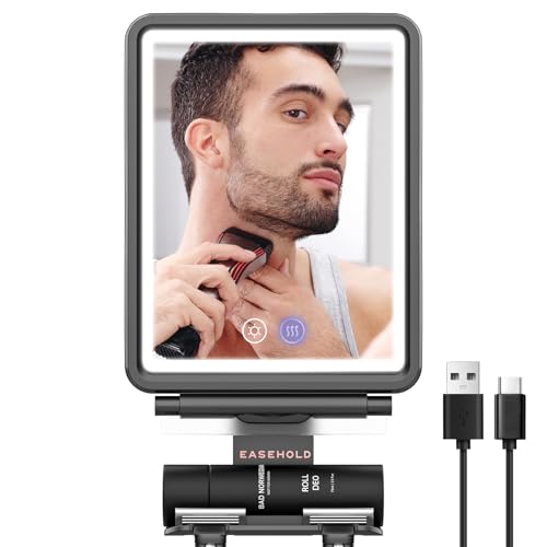 EASEHOLD Beschlagfreier Duschspiegel, Led Rasierspiegel für Dusche mit Rasierklingenhalter, 3 einstellbare Lichtfarben, Wiederaufladbarer Akku, Anti-Beschlag Badezimmer Spiegel mit Touch-Taste