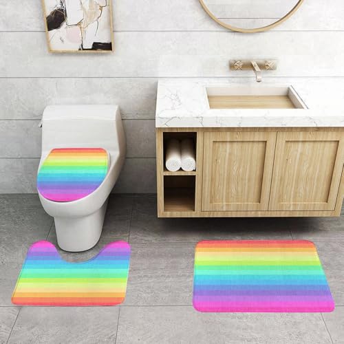 EMCLKS Badezimmermatten 3 Stück rutschfeste Badematte Teppiche, Badezimmer-Garnitur,U-fö rmiger Teppich,Vintage-Regenboge n, Vintage-abstrakte Linien mit Regenbogenfarbe,Waschbar Matte