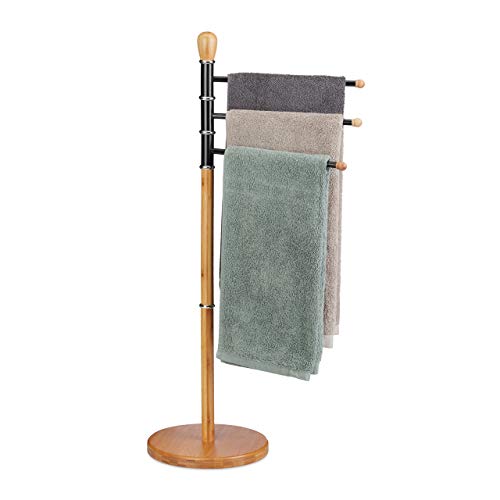 Relaxdays Handtuchhalter stehend, verstellbar, ohne Bohren, 3 Handtuchstangen,Bambus Metall, HBT: 94 x 48x 48 cm, natur