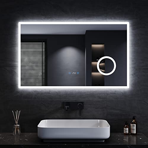 SONNI LED Badspiegel 100x60 cm Badezimmerspiegel mit Beleuchtung kaltweiß 6400K Lichtspiegel Wandspiegel mit Touchschalter, Uhr, Temperatur, 3-Fach Vergrößerung