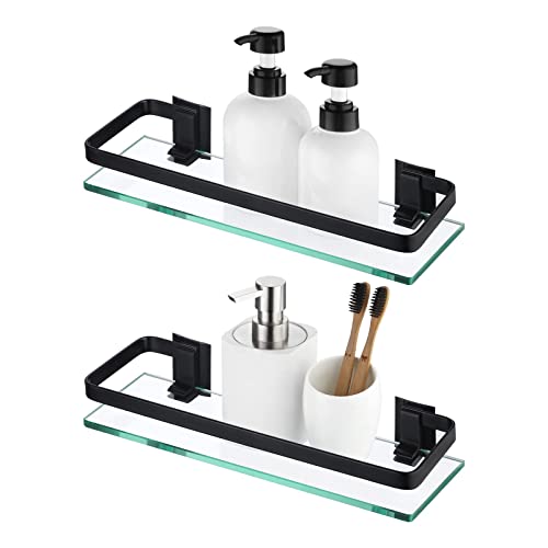 KES Duschablage Glas Duschregal Glasregal 8mm Ablage Bad Glasablage für Badezimmer Regal Wandregal Badregal 2 Stück Wandmontage Matt Schwarz Aluminium, A4126A-BK-P2
