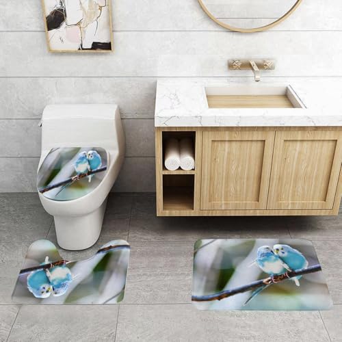 EMCLKS Badezimmermatten 3 Stück rutschfeste Badematte Teppiche, Badezimmer-Garnitur,U-fö rmiger Teppich,Zwei Blaue Sittiche sitzen auf einem Baum.,Waschbar Matte