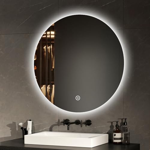 EMKE LED Badspiegel Rund 70cm Durchmesser Spiegel mit Beleuchtung Dimmbar kaltweißes Licht Badezimmerspiegel mit Speicherfunktion, Touchschalter IP44 energiesparend