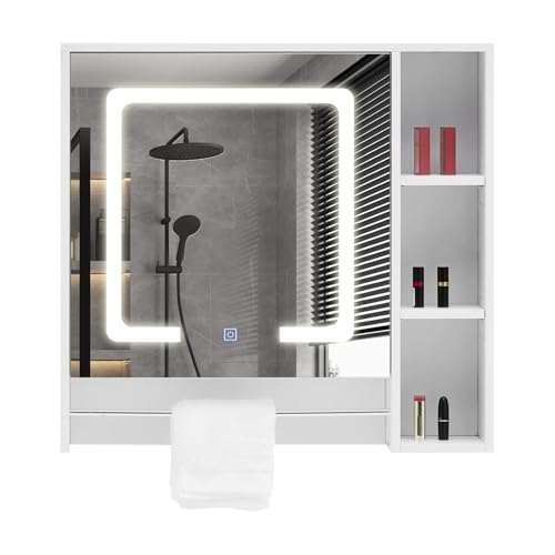 CLIPOP LED-beleuchteter Badezimmer-Spiegelschrank , Badezimmer-Wandschrank mit verstellbaren Höhenregalen und Turmregal, Spiegel-Medizinschrank für Wohnzimmer, Badezimmer
