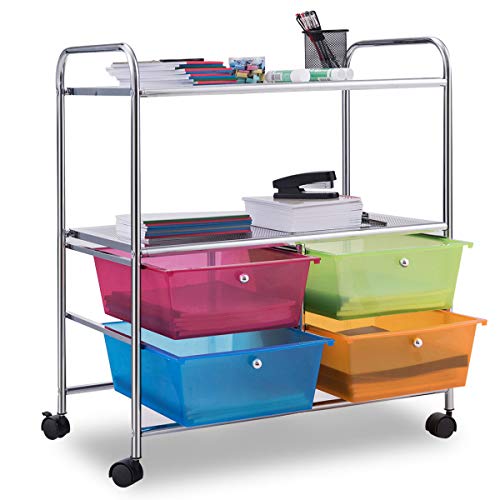 COSTWAY Rollwagen mit 4 stapelbaren Schubladen, Schubladenwagen Rollcontainer mit Metallgestell und Ablageflächen, Badrollwagen Aufbewahrungswagen für Büro, Wohnzimmer