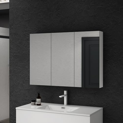 doporro Spiegelschrank Wandschrank mit Spiegel in matt weiß 100x70 cm Hängeschrank Aufbewahrungsschrank für Badezimmer 3 Türen mit verstellbarem Regalbrett Spiegelschrank 02
