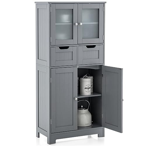 GOPLUS Badezimmerschrank mit Schubladen & Schränke, Badkommode mit verstellbaren Regalen, Aufbewahrungsschrank für Küche, Badezimmer & Wohnzimmer, 60 x 30 x 128 cm (Grau)