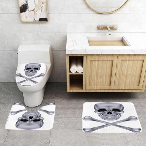 EMCLKS Badezimmermatten 3 Stück rutschfeste Badematte Teppiche, Badezimmer-Garnitur,U-fö rmiger Teppich,Silberner lebendiger Totenkopf, gefährliches, unheimliches, Totes Skelett, böses,Waschbar Matte