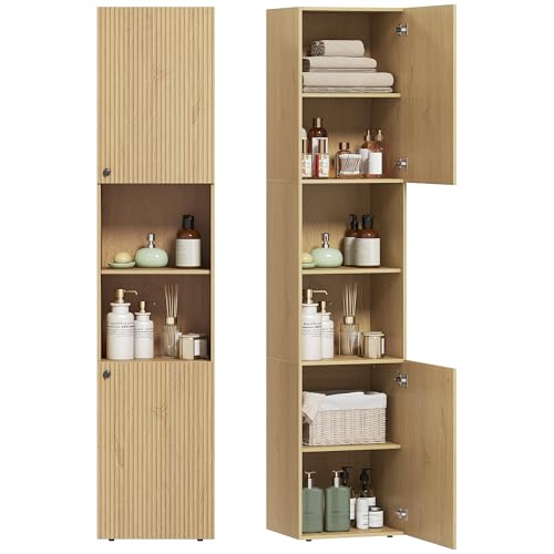 HOMCOM Badezimmerschrank hoch schmal Badschrank Hochschrank mit 2 Türen, Verstellbaren Ablagen, 2 offenen Fächern für Badezimmer, Wohnzimmer 40 x 31 x 182 cm Eiche