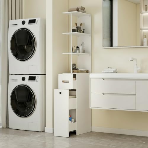 ZealWe Badzimmerschrank, Schlanker Badschrank, hoher Nischenschrank mit Schubladen und offenem Fach, Schmaler Aufbewahrungsschrank Toilettenschrank Badregal, Weiß, Badmöbel für kleine Bäder