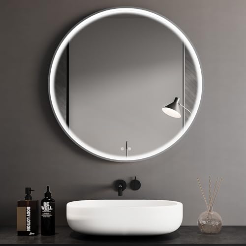 Clevich Badspiegel mit Beleuchtung Rund mit Superheller COB LED Lichtstreifen, Dicker Aluminiumrahmen, Anti-Beschlag, 3 Lichtfarben, Dimmbar, Runder Badezimmerspiegel mit Litch, Groß Wandspiegel 60 cm