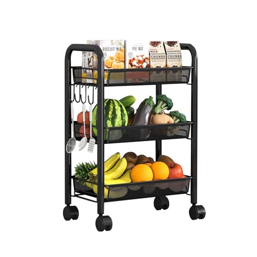 HYPIQQ Aufbewahrungswagen Mit Rollen KüChenwagen Auf Rollen Rollwagen KüChe Metall Bathroom Cart Nischenwagen 25 cm Breit?Badrollwagen Mit 4 Haken Und BremsräDern,Schwarz,3 Tier