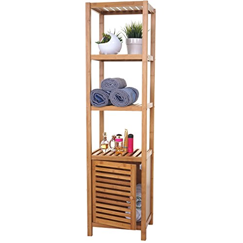 Mendler Badregal HWC-B18AM, Badezimmer Badschrank Standregal mit Tür, Bambus - 140x36x34cm
